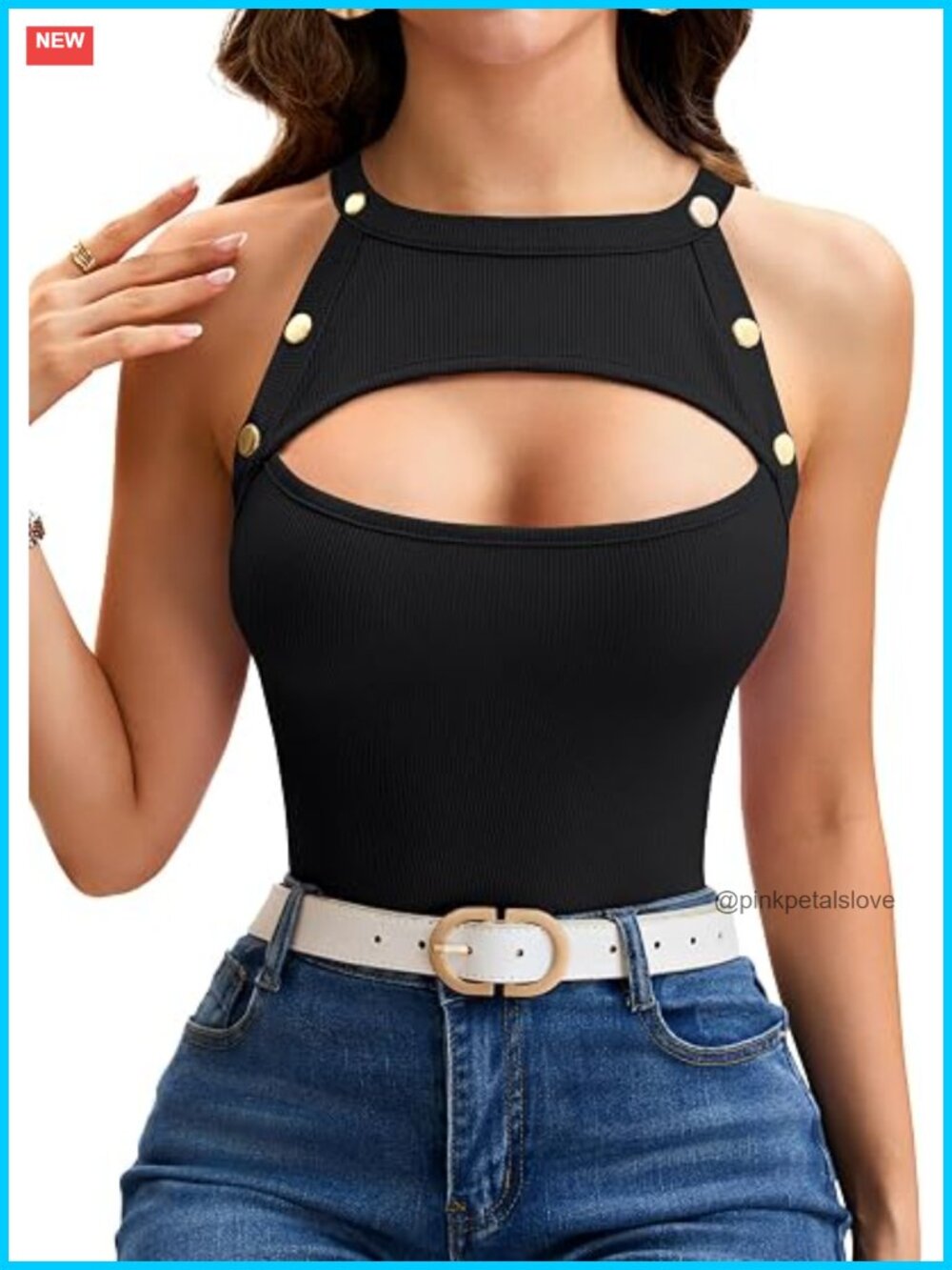 Cut Out Front Sleeveless Crew Neck Slim Fit Ribbed Tank Top